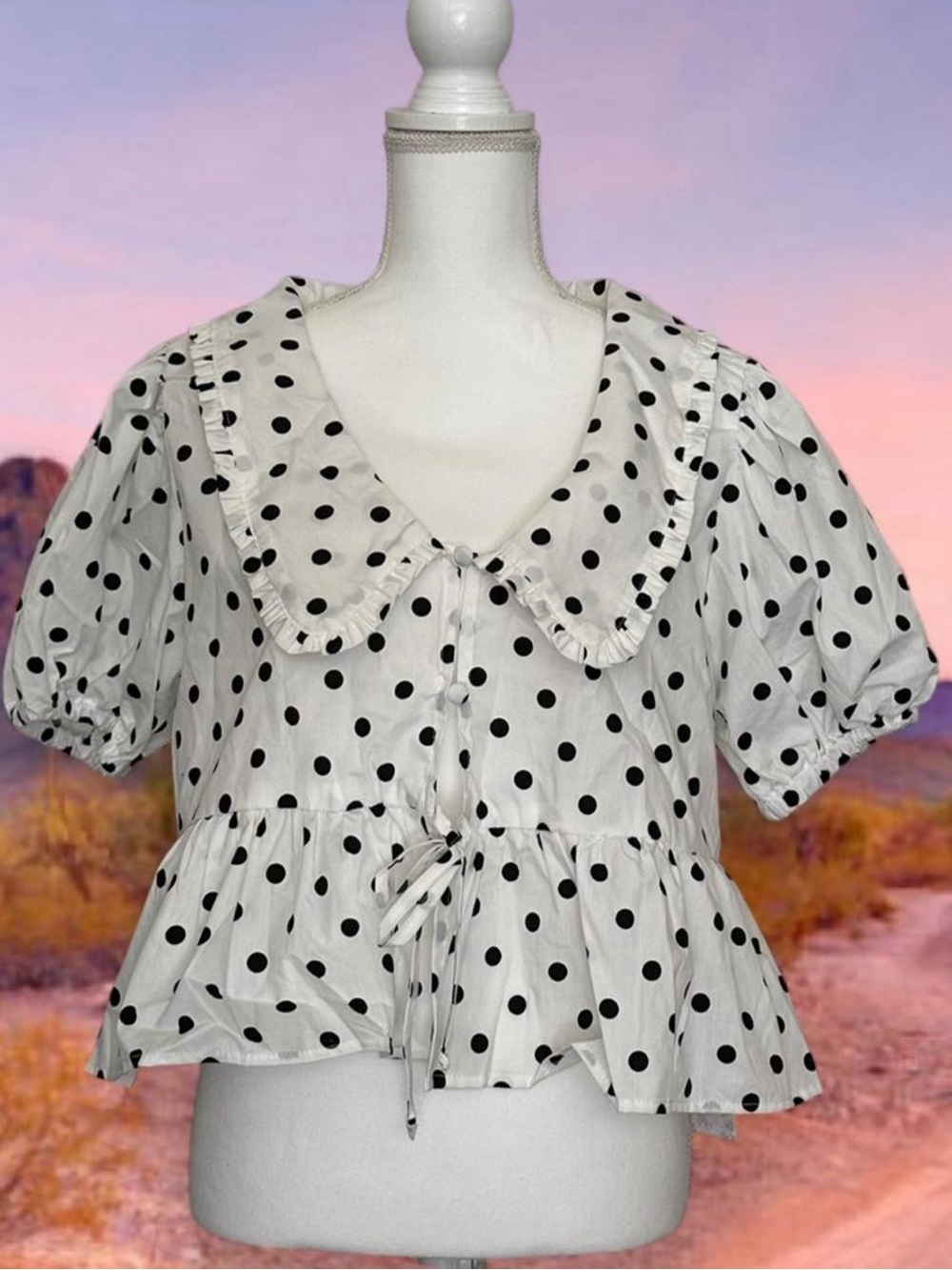 Polka Dot Ruffled Collar Peplum Blouse - White with Black Dots